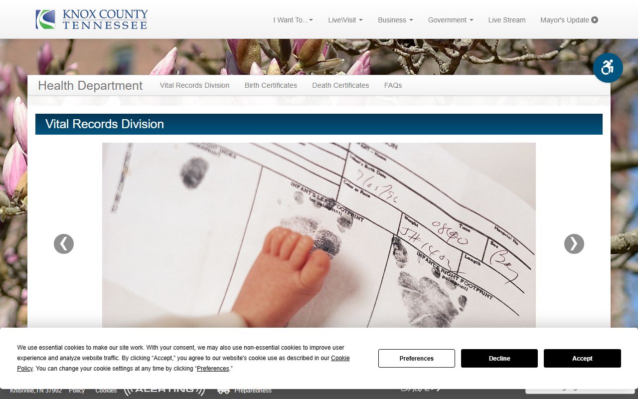 Knox County death records ordering page at the Knox County Health Department