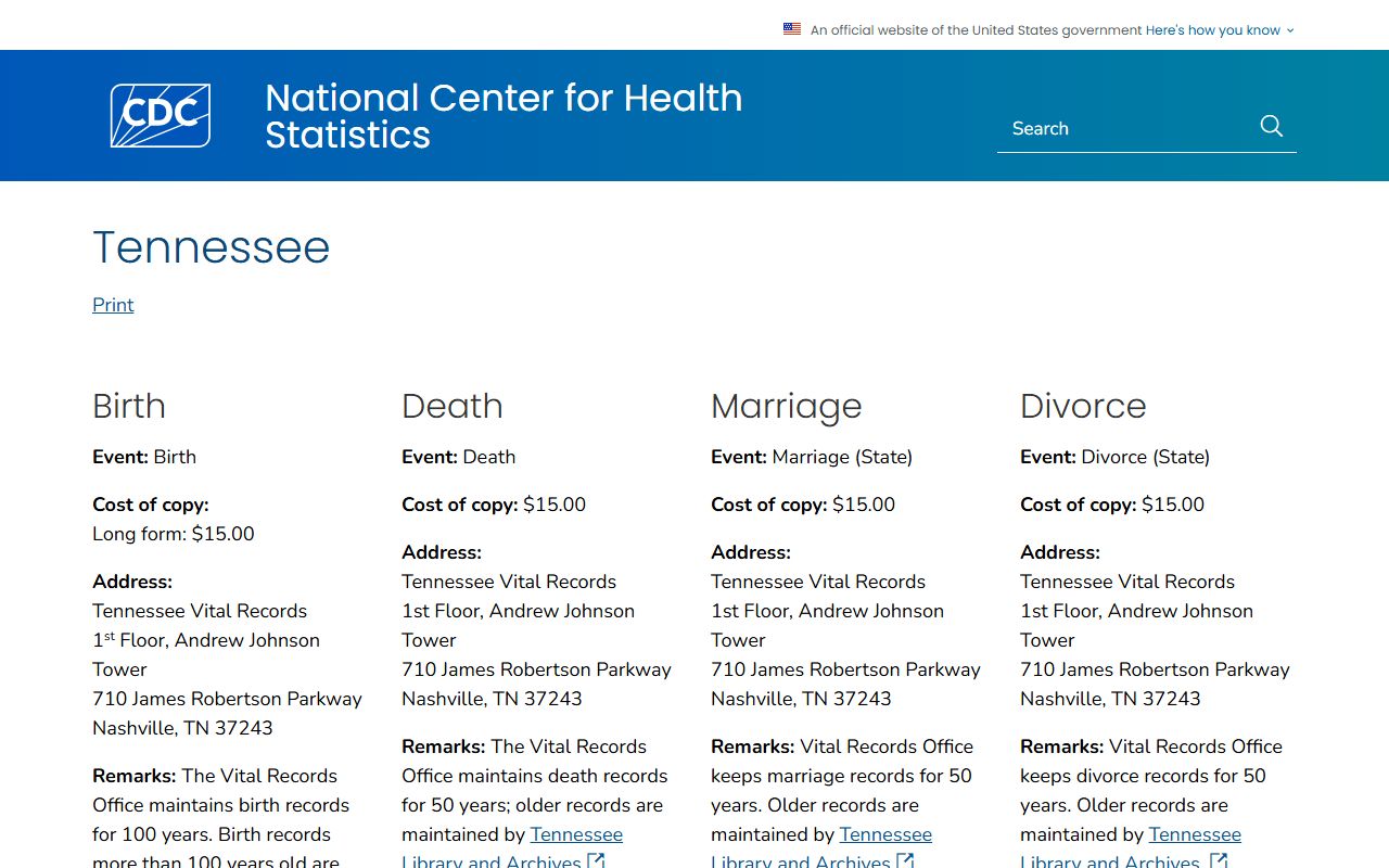 Tennessee death records ordering information through CDC vital records guidance