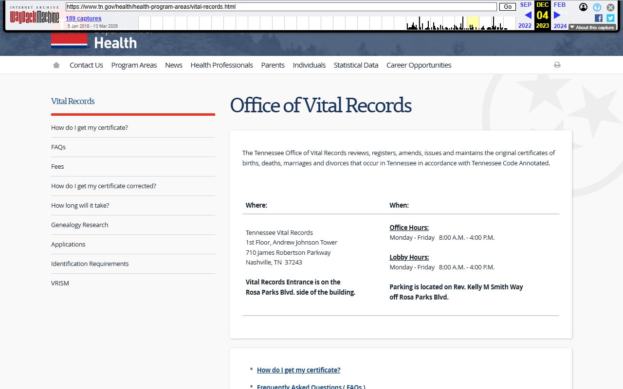 Archived Tennessee death records information from the Tennessee Department of Health